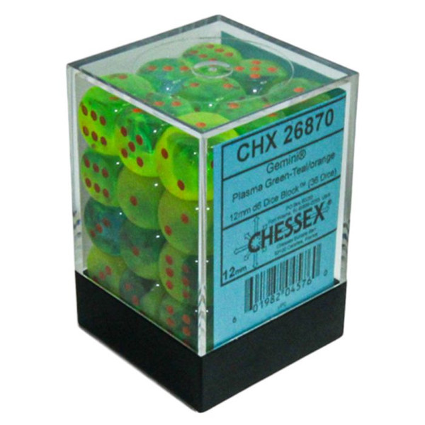 Chessex Dice D6: 12mm Gemini Plasma Green set of 36