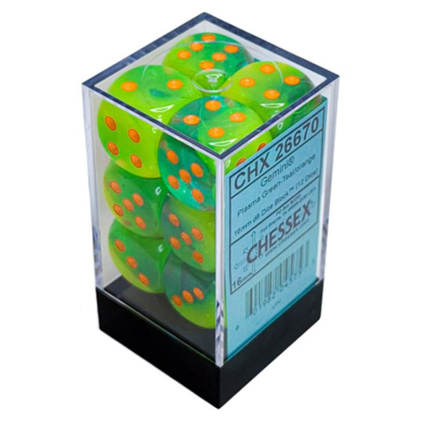 Chessex Dice D6: 16mm Plasma Luminary Green-Teal set of 12